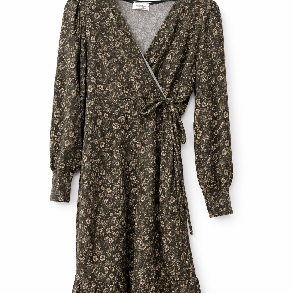Kaileigh Floral Wrap Dress XL Olive Long Sleeve Ruffle Hem